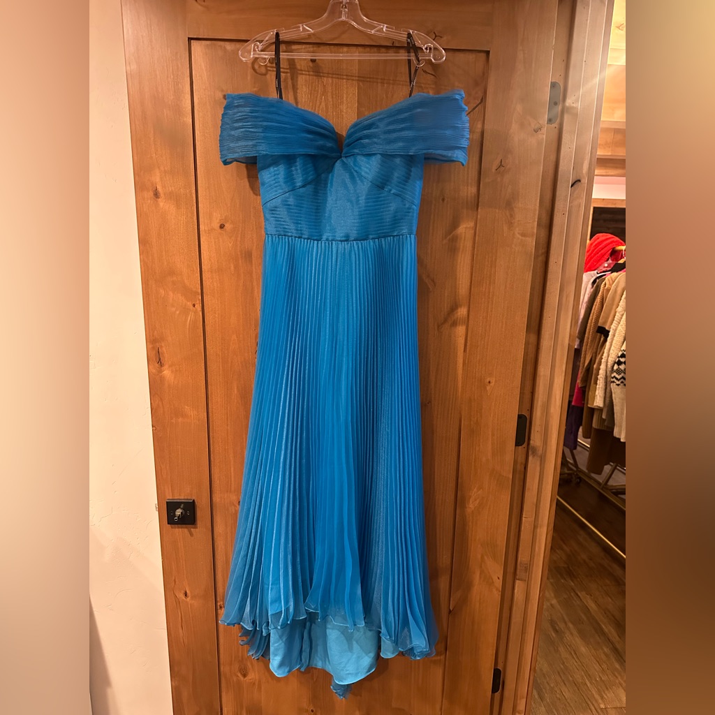 Theia One-Shoulder Pleated Turquoise Evening Gown